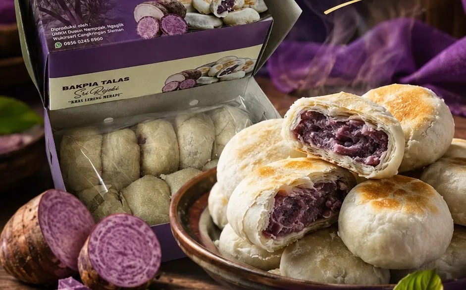 Bakpia talas di piring kayu bersama umbi talas segar
